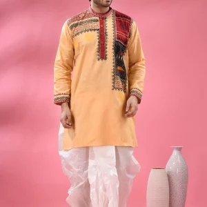 hand block printed cotton panjabi for men applique with embroidery 975